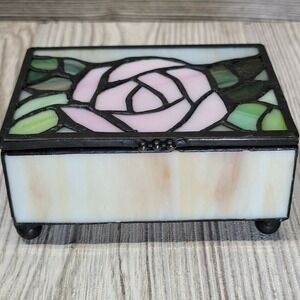 Stained Glass Trinket Box Pink Rose White Green Footed‎ Floral Jewelry Vtg